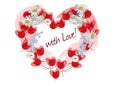 Heart from little red hearts decorated with flowers for romantic background.